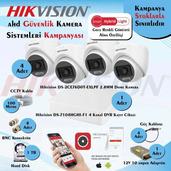 Hikvision Smart Hybrid Light AHD 4 Adet Dome Kamera 2 Mp Güvenlik Kamera Seti
