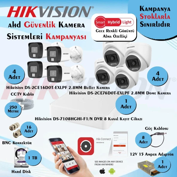 Hikvision Smart Hybrid Light AHD 8 Adet 2 Mp Güvenlik Kamera Seti