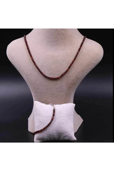 Lal (GARNET) Taşı Faset Kesimli Kolye Bileklik Seti 3/4 Mm (ZİNCİR UZATMALI)