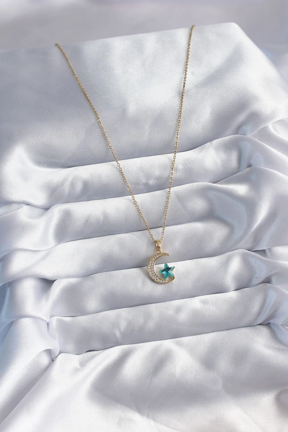 316L Çelik Gold Renk Zincir Zirkon Taş Detay Hilal Yıldızı Figür Kadın Kolye - Resim 2