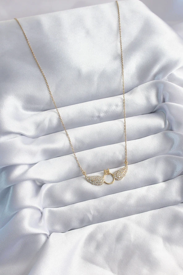 316L Çelik Zincir Gold Renk Zirkon Taşlı Kanatlı Yüzük Model Kadın Kolye - Resim 2