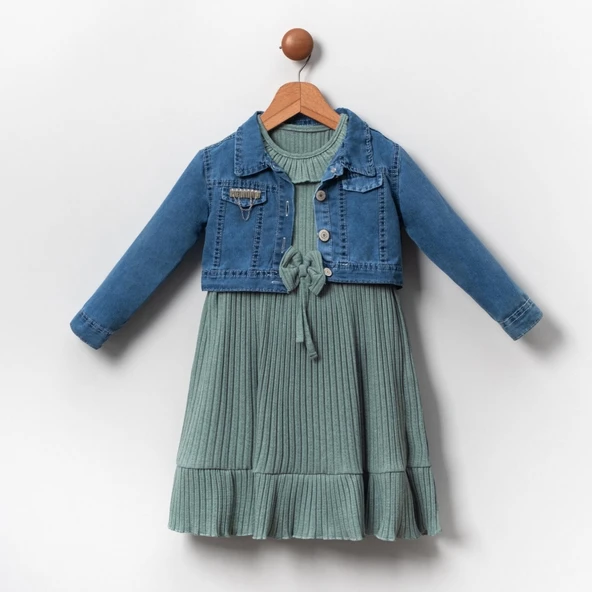 Kot Ceketli Kız Çocuk Elbise MNK2119 - Resim 5