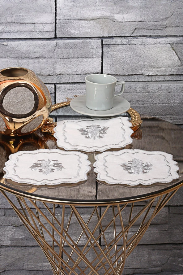 Liva Gümüş 6lı Kokteyl Kahve Sunum Peçetesi Maraş Işi Sırma Nakış Işlemeli Sunumluk Peçete - 2