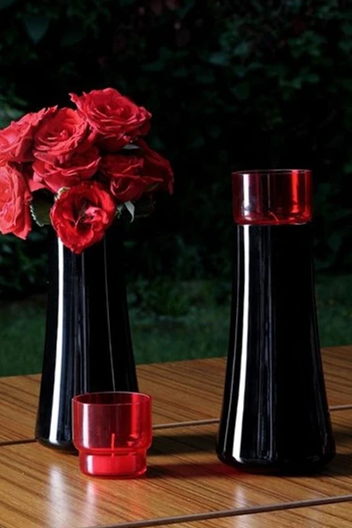 Paşabahçe Denizli Cam El İmalatı Kristal Siyah- Kırmızı Başucu Sürahisi-Vazo-Mumluk 1000575 92173 ürün görseli 1