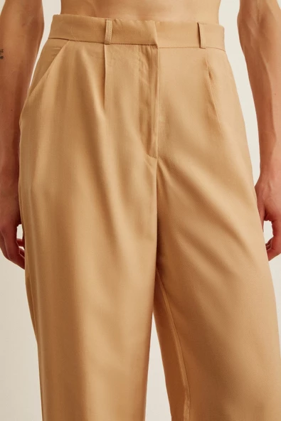 Yüksek Bel Geniş Paça Pantolon Camel - Resim 5