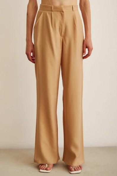 Yüksek Bel Geniş Paça Pantolon Camel - Resim 4