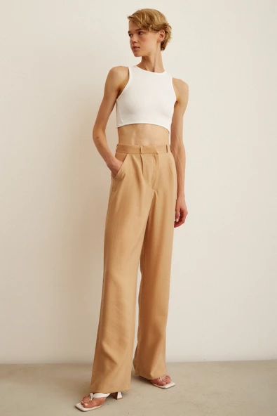 Yüksek Bel Geniş Paça Pantolon Camel - Resim 3