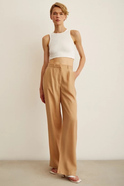 Yüksek Bel Geniş Paça Pantolon Camel - Resim 2