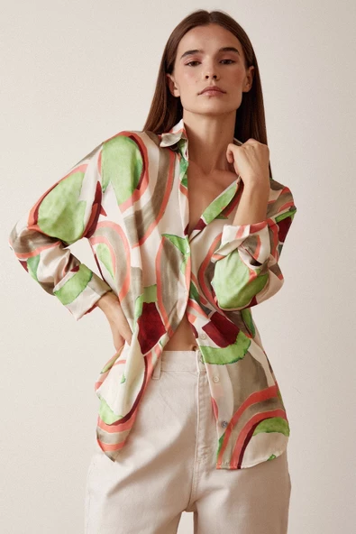 V Yaka Desenli Saten Gömlek Mint - Resim 6