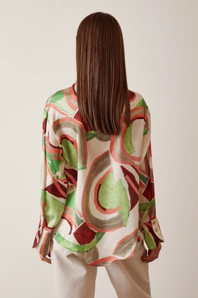 V Yaka Desenli Saten Gömlek Mint - Resim 2