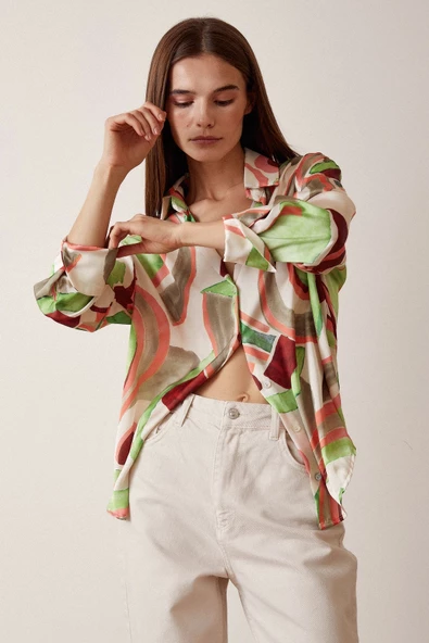 V Yaka Desenli Saten Gömlek Mint - Resim 5