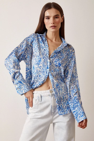 V Yaka Desenli Saten Gömlek Saks - Resim 6