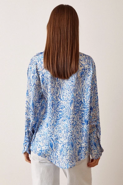 V Yaka Desenli Saten Gömlek Saks - Resim 2