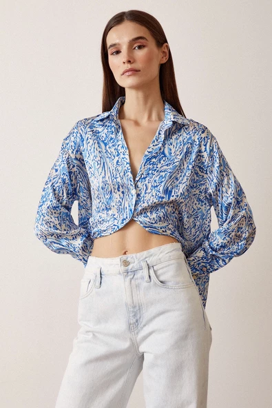 V Yaka Desenli Saten Gömlek Saks - Resim 5