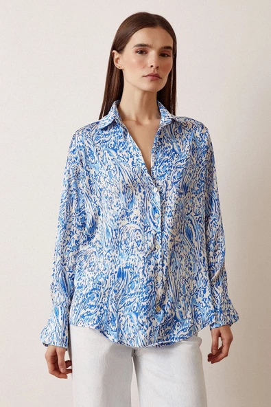 V Yaka Desenli Saten Gömlek Saks - Resim 3