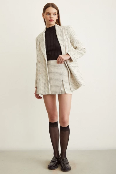 Kırçıllı Yırtmaçlı Şort Etek Bej - Resim 4