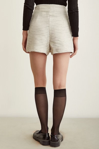 Kırçıllı Yırtmaçlı Şort Etek Bej - Resim 6