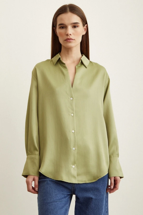 Viskon Saten Basic Gömlek Olive - Resim 2