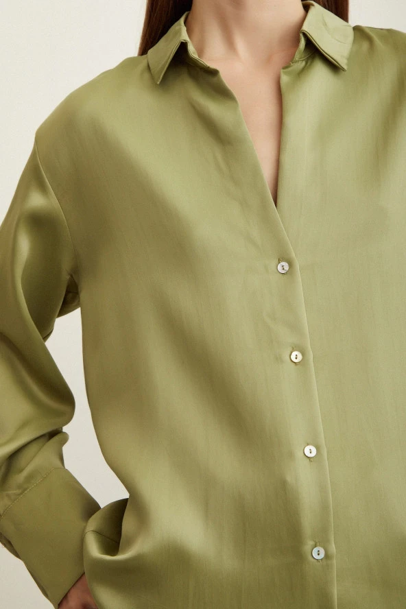 Viskon Saten Basic Gömlek Olive - Resim 3