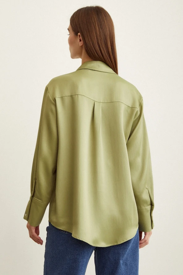 Viskon Saten Basic Gömlek Olive - Resim 4
