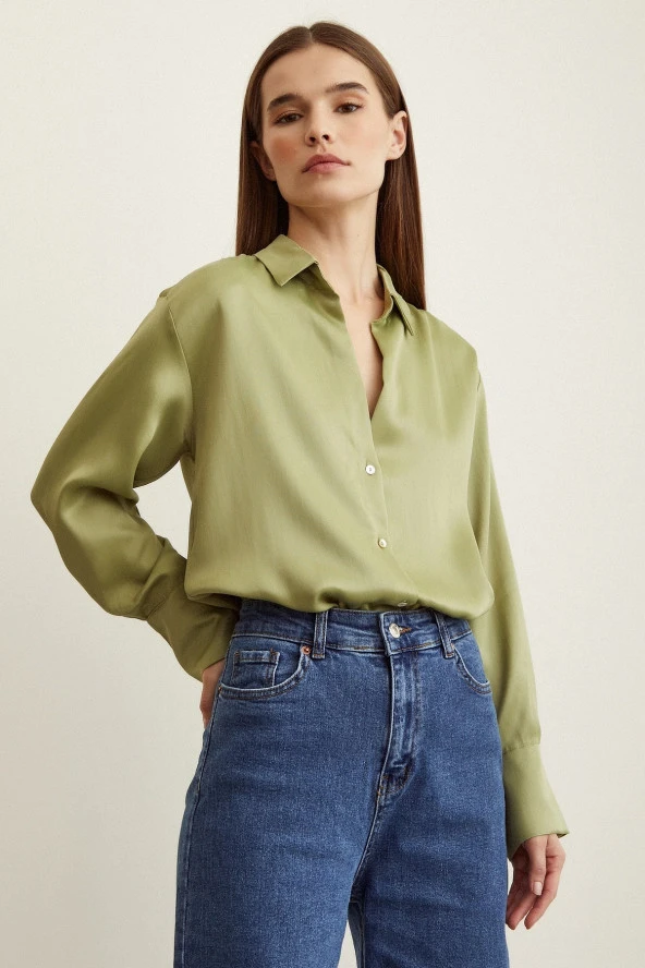 Viskon Saten Basic Gömlek Olive - Resim 5