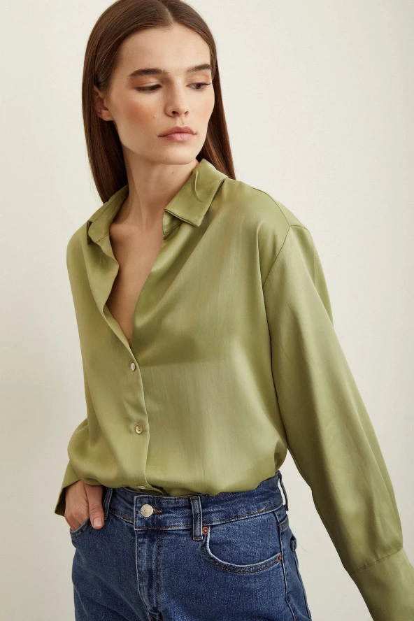 Viskon Saten Basic Gömlek Olive - Resim 6