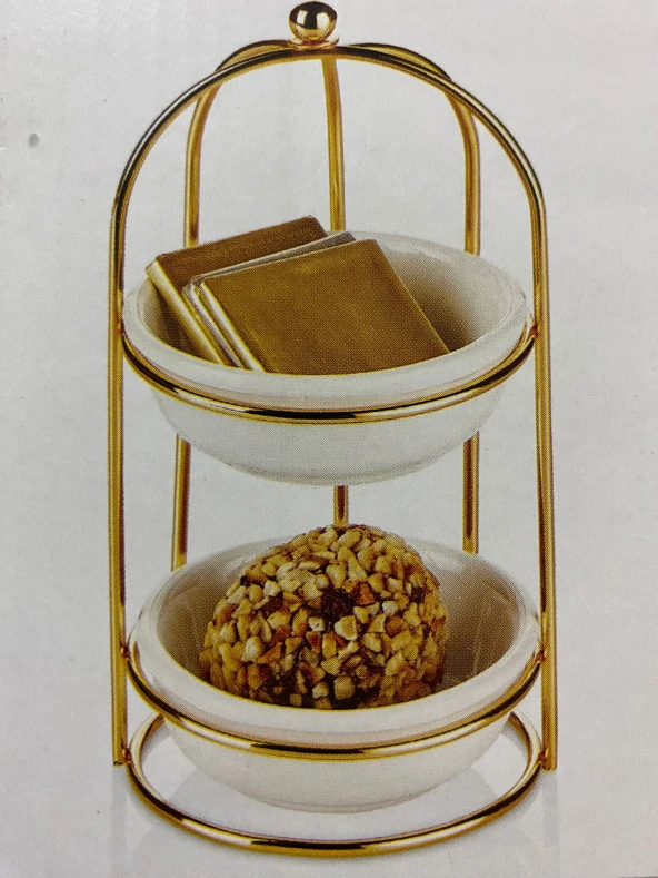 2 Katlı Gold Detaylı Standlı Porselen Yuvarlak Kaseli Şekerlik Sosluk Sunumluk - 2