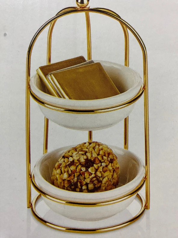 2 Katlı Gold Detaylı Standlı Porselen Yuvarlak Kaseli Şekerlik Sosluk Sunumluk - 3