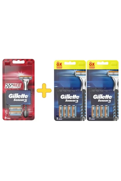 Gillette Sensor3 Tıraş Makinesi Red Edition + 6 Yedek Tıraş Bıçağı + Sensor3 16'li Tıraş Bıçağı