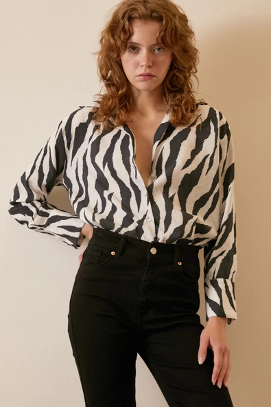 Zebra Desen Modal Gömlek Zebra Desen/Siyah - Resim 5