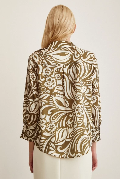 Çiçek Desenli Gömlek Haki - Resim 3