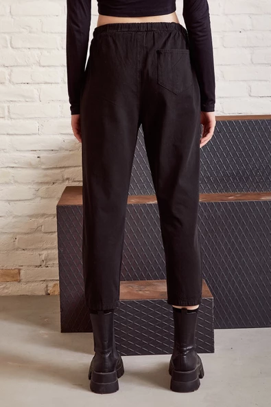 Beli İpli Salaş Gabardin Pantolon Siyah - Resim 6