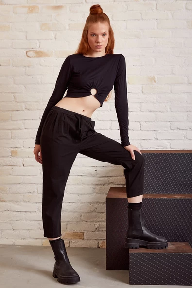 Beli İpli Salaş Gabardin Pantolon Siyah ürün görseli