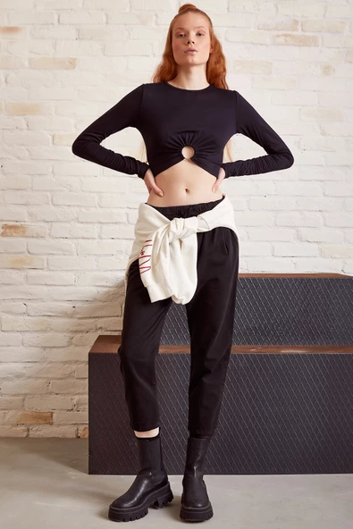 Beli İpli Salaş Gabardin Pantolon Siyah - Resim 3