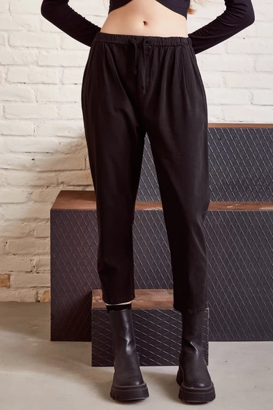 Beli İpli Salaş Gabardin Pantolon Siyah - Resim 4