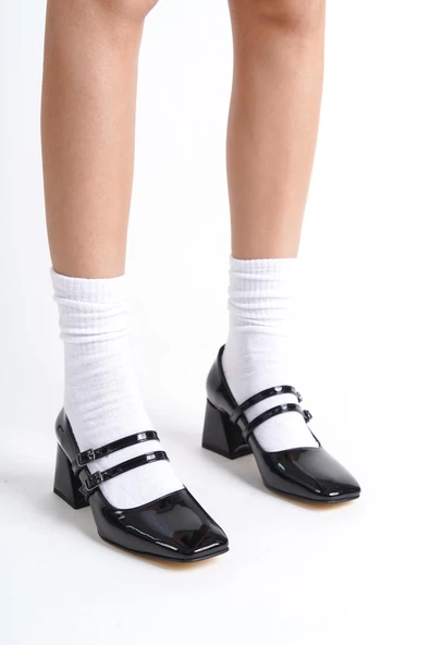 Culia Siyah Rugan Mary Jane Çift Bant Küt Burun Topuklu Ayakkabı - Resim 2