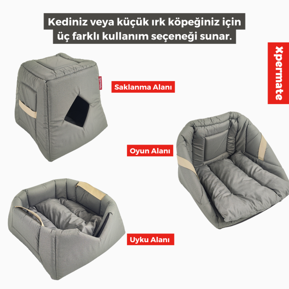 XPERMATE 3 Fonksiyonlu Kedi Evi - Küçük Irk Köpek Evi - Kedi Mağara Kedi Yuvası - Kedi Yatağı Antrasit