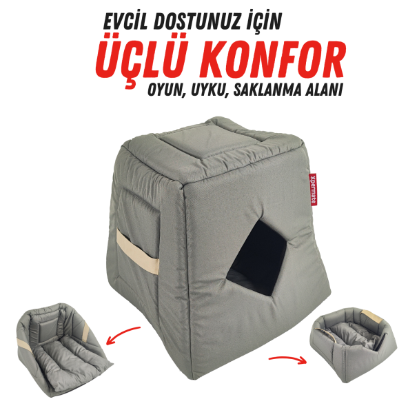 XPERMATE 3 Fonksiyonlu Kedi Evi - Küçük Irk Köpek Evi - Kedi Mağara Kedi Yuvası - Kedi Yatağı Antrasit - 3