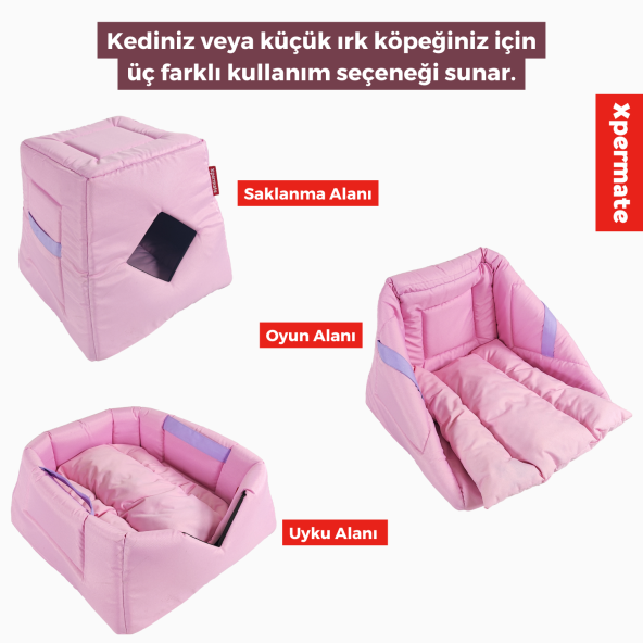 XPERMATE 3 Fonksiyonlu Kedi Evi - Küçük Irk Köpek Evi - Kedi Mağara Kedi Yuvası - Kedi Yatağı Pembe