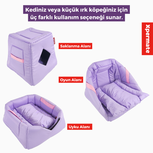 XPERMATE 3 Fonksiyonlu Kedi Evi - Küçük Irk Köpek Evi - Kedi Mağara Kedi Yuvası - Kedi Yatağı Lila