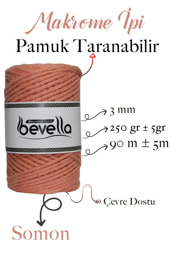 Taranan Makrome Ipi 3mm Tek Büküm Taranabilir Pamuk Makrome Ipi Somon - 2