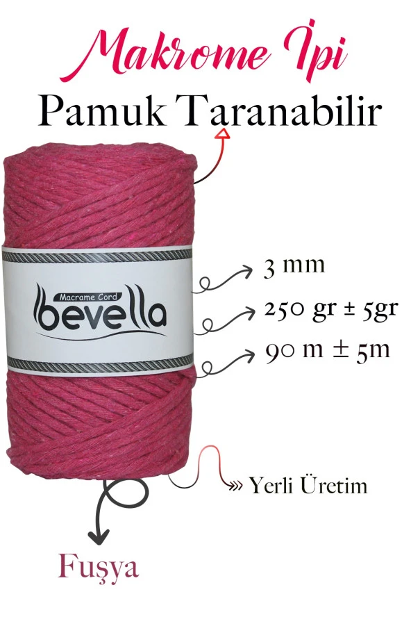 Taranan Makrome Ipi 3mm Taranabilir Pamuk Tek Büküm Makrome Ipi Fuşya - 2