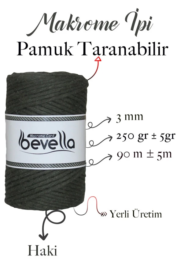 Taranan Makrome Ipi 3mm Taranabilir Pamuk Tek Büküm Makrome Ipi Haki - 2