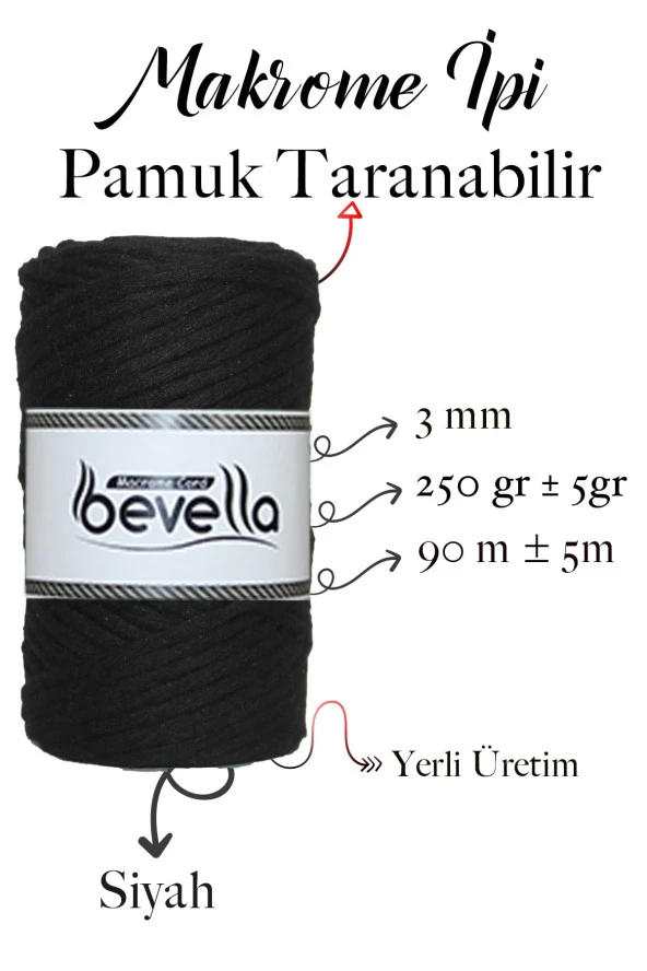 Taranan Makrome Ipi 3mm Taranabilir Pamuk Tek Büküm Makrome Ipi Siyah - Resim 2