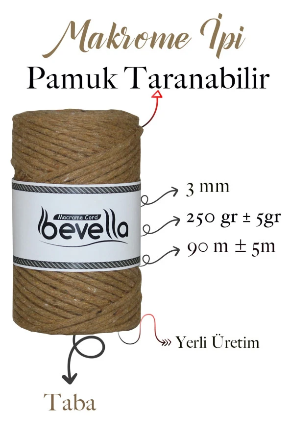 Taranan Makrome Ipi 3mm Taranabilir Pamuk Tek Büküm Makrome Ipi Taba - Resim 2