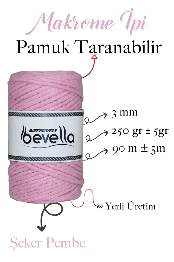 Taranan Makrome Ipi 3mm Tek Büküm Taranabilir Pamuk Makrome Ipi Şeker Pembe - Resim 2
