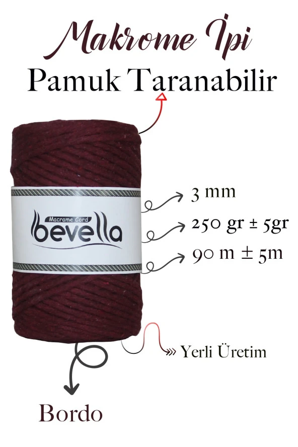 Taranan Makrome Ipi 3mm Taranabilir Pamuk Tek Büküm Makrome Ipi Bordo - 2