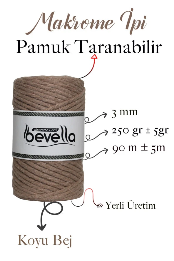 Taranan Makrome Ipi 3mm Taranabilir Pamuk Tek Büküm Makrome Ipi Koyu Bej - Resim 2