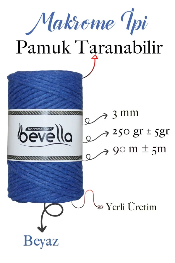 Taranan Makrome Ipi 3mm Taranabilir Pamuk Tek Büküm Makrome Ipi Saks Mavisi - Resim 2