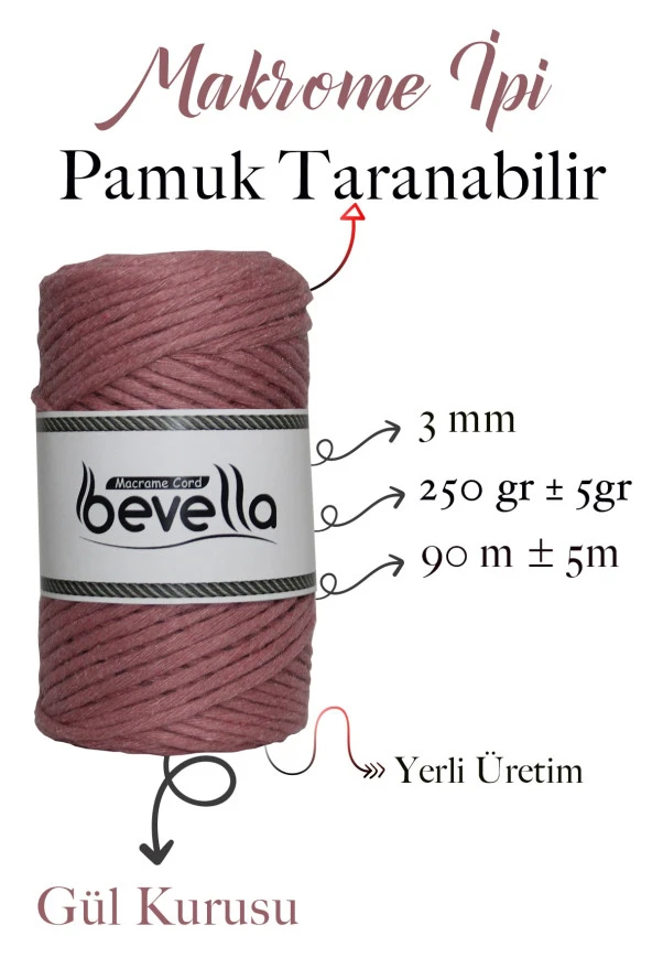 Taranan Makrome Ipi 3mm Tek Büküm Taranabilir Pamuk Makrome Ipi Gül Kurusu - Resim 2